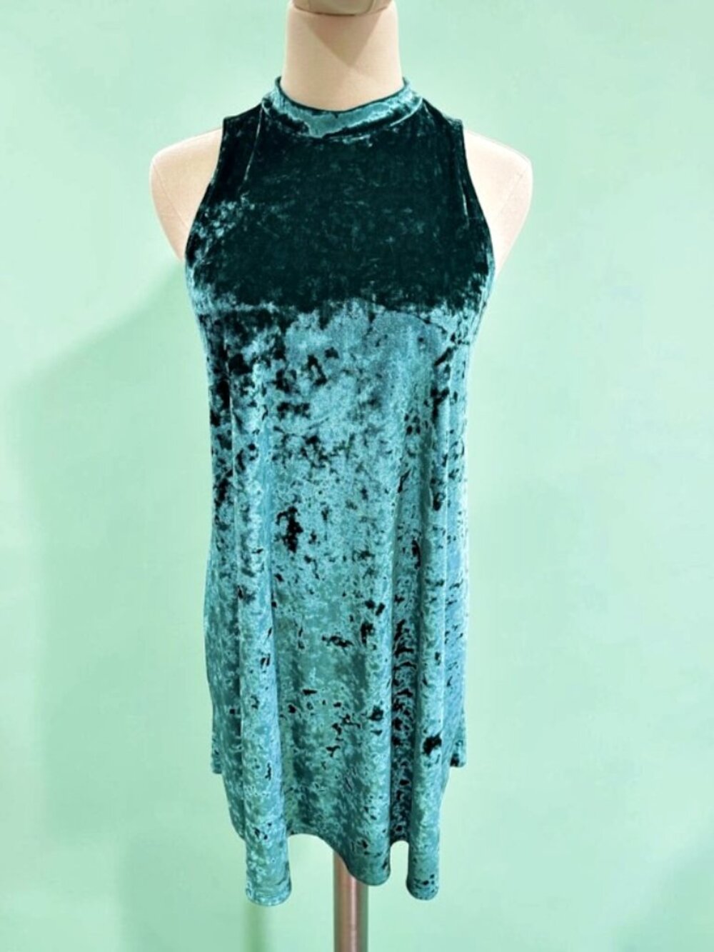 Teal Green Velvet Swing Dress L (Jr) Mock Neck Keyhole MINI Holiday Y2K Inspired